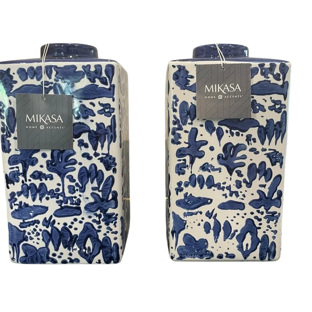 Set of 2 Mikasa Blue and White Landscape Square Ceramic Ginger Jars - Picture 4 of 6